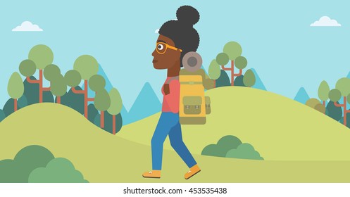 An african-american woman hiking in mountains. Female traveler with backpack mountaineering. Hiking woman with backpack walking outdoor. Vector flat design illustration. Horizontal layout.