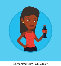 African-american woman holding fresh soda beverage in bottle. Woman standing with bottle of soda. Woman drinking soda from bottle. Vector flat design illustration in the circle isolated on background.