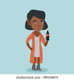 African-american woman holding fresh soda beverage in a glass bottle. Full length of young cheerful woman standing with a bottle of soda. Vector cartoon illustration. Square layout.