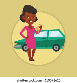 African-american woman holding keys to her new car. Woman showing key to her new car. Woman standing on the backgrond of new car. Vector flat design illustration in the circle isolated on background.