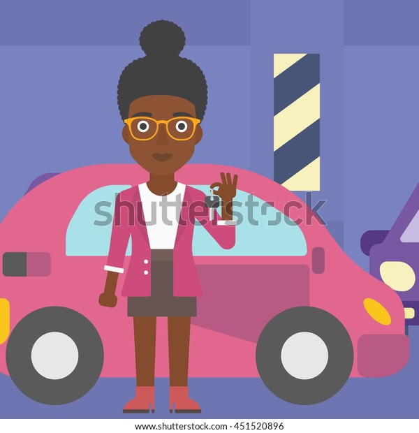 An african-american woman holding keys to her new\
car. Happy young woman showing key to her new car on the background\
of car shop. Woman buying car. Vector flat design illustration.\
Square layout.