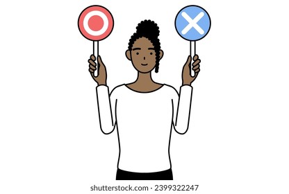 African-American woman holding a placard indicating correct and incorrect answers, Vector Illustration