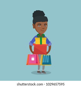 African-american woman holding shopping bags and gift boxes. Full length of young woman standing with shopping bags and gift boxes. Vector cartoon illustration. Square layout.