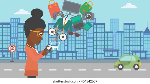 An african-american woman holding a smartphone with shopping cart and application icons flying out on a city background, Vector flat design illustration. Horizontal layout.