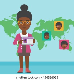 An african-american woman holding tablet computer with social network user profile on a screen on a background of map with avatars of social network. Vector flat design illustration. Square layout.