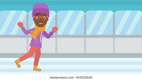 An african-american woman ice skating on indoor ice skating rink. Sport and leisure concept. Vector flat design illustration. Horizontal layout.