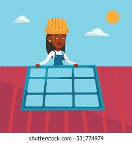 African-american woman installing solar panels on roof. Technician in inuform and hard hat checking solar panel on roof. Eengineer adjusting solar panel. Vector flat design illustration. Square layout
