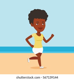 African-american woman jogging on the beach. Sporty girl running on the beach. Woman running along the seashore. Fit woman enjoying jogging on beach. Vector flat design illustration. Square layout.