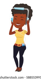 African-american woman listening to music on smartphone. Woman in headphones listening to music. Woman with eyes closed enjoying music. Vector flat design illustration isolated on white background.