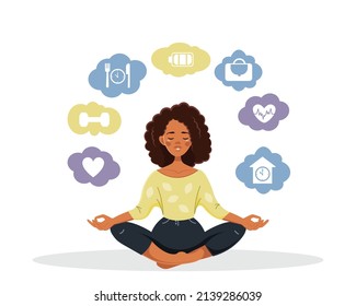 An African-American woman in the lotus position and symbols of physical and mental health habits. Love, sports, nutrition, career, family, etc. The concept of mental health.