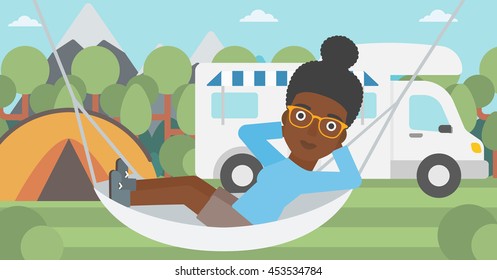 An african-american woman lying in hammock in front of motor home in the forest. Woman resting in hammock and enjoying vacation in camper van. Vector flat design illustration. Horizontal layout.