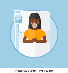 An african-american woman lying in hospital bed with oxygen mask. Woman during medical procedure with drop counter at medical room. Vector flat design illustration in the circle isolated on background