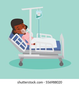 African-american woman lying in hospital bed with oxygen mask. Woman during medical procedure with drop counter. Patient recovering in bed in hospital. Vector flat design illustration. Square layout.