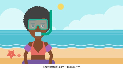 African-american woman in mask, tube and rubber ring standing on the background of beach and sea. Woman wearing snorkeling equipment on the beach. Vector flat design illustration. Horizontal layout.