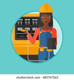 An african-american woman measuring the voltage output. Electrician with electrical equipment standing in front of switchboard. Vector flat design illustration in the circle isolated on background.