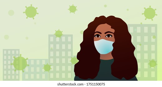 African-American woman in a medical mask against the background of the city, escapes from viruses. Vector illustration.