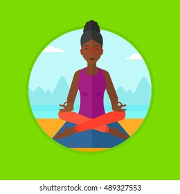 An african-american woman meditating in yoga lotus pose. Woman relaxing in the yoga lotus position. Woman doing yoga on nature. Vector flat design illustration in the circle isolated on background.