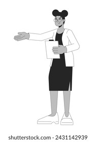 African-american woman office worker black and white 2D line cartoon character. Female employee pointing isolated vector outline person. Teacher hand outstretched monochromatic flat spot illustration