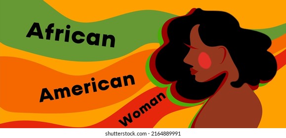 An African-American woman on a bright background of yellow, green and red stripes. The inscription "African American woman". A poster with a black woman. Profile portrait.