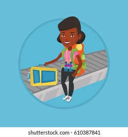 African-american woman picking up suitcase on luggage conveyor belt at airport. Young woman taking her luggage at conveyor belt. Vector flat design illustration in the circle isolated on background.