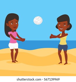 African-american woman playing beach volleyball with her friend. African-american women having fun while playing beach volleyball during summer holiday. Vector flat design illustration. Square layout.