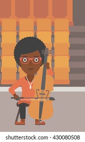 An african-american woman playing cello on the background of empty theater seats vector flat design illustration. Vertical layout.