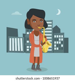 African-american woman playing the saxophone at night. Young musician with the saxophone standing in the city street. Vector cartoon illustration. Square layout