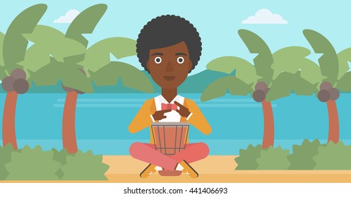 An african-american woman playing tomtom on the background of tropical beach with palm trees and the sea vector flat design illustration. Horizontal layout.