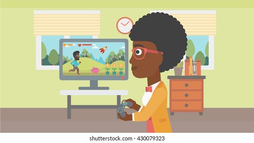 An african-american woman playing video game with gamepad in hands in living room vector flat design illustration. Horizontal layout.