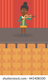 An african-american woman playing violin on the stage vector flat design illustration. Vertical layout.