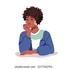 African-American woman portrait. Young girl with afro curls, kinky frizzy hair styling. Pretty female face with curly hairdo, hairstyle. Flat vector illustration isolated on white background