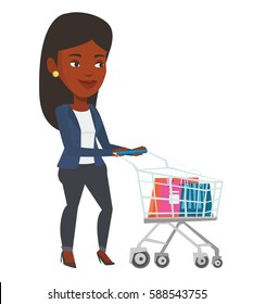 African-american woman pushing shopping trolley. Woman rushing to shopping with trolley. Smiling woman walking with empty shopping trolley. Vector flat design illustration isolated on white background