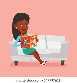 An african-american woman reading a magazine. Relaxed woman sitting on sofa and reading a magazine. Woman sitting on the couch with magazine in hands. Vector flat design illustration. Square layout.
