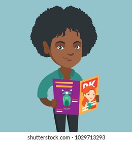 African-american woman reading a magazine. Young smiling woman standing with a magazine in hands. Vector cartoon illustration. Square layout.