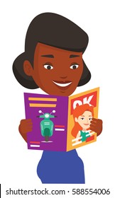 African-american woman reading a magazine. Young woman standing with magazine in hands. Happy woman reading good news in a magazine. Vector flat design illustration isolated on white background.