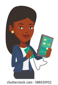 African-american woman recharging her smartphone with mobile phone portable battery. Woman holding a mobile phone and battery power bank. Vector flat design illustration isolated on white background.