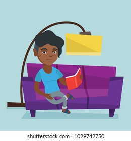 African-american woman relaxing with a book on the couch at home. Smiling woman reading a book on a sofa. Young woman sitting on a sofa and reading a book. Vector cartoon illustration. Square layout.