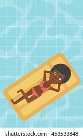 An african-american woman relaxing on the air bed in the swimming pool. An african-american woman enjoying her vacation. Vector flat design illustration. Vertical layout.
