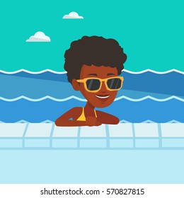 African-american woman relaxing in swimming pool at resort. Young woman bathing in swimming pool. Woman swimming and relaxing in pool on summer vacation. Vector flat design illustration. Square layout