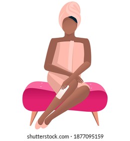 African-American Woman Removes Hair From Her Legs. Depilation, Shaving, Waxing. Skin And Body Care, Beauty Treatments, Home Spa And Beauty Salon. Flat Illustration In Cartoon Style