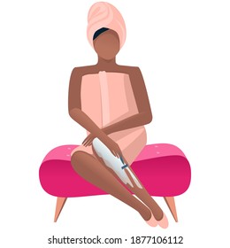 African-American woman removes hair from her legs. Depilation, shaving. Cosmetology procedures for skin and body care. Home spa and beauty salon. Flat illustration in cartoon style