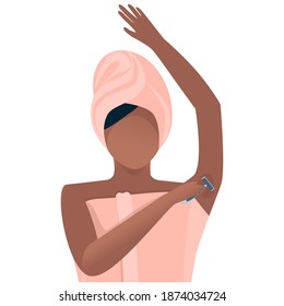 An African-American woman removes unwanted hair from the body, shaves it off with a razor. Illustration on the theme of health and care of skin and body. Compliance with the rules of hygiene