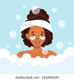 An African-American woman is resting in the bathroom. Relaxation, water treatments, spa treatments, self-care. Vector illustration in cartoon style