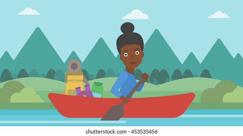 An african-american woman riding in a kayak on the river with a skull in hands and some tourist equipment behind her. Woman traveling by kayak. Vector flat design illustration. Horizontal layout.