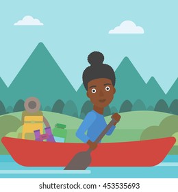 An african-american woman riding in a kayak on the river with a skull in hands and some tourist equipment behind her. Woman traveling by kayak. Vector flat design illustration. Square layout.