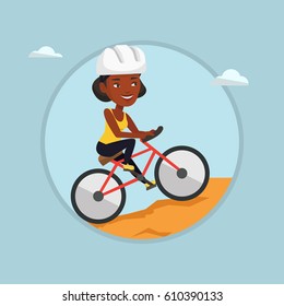 African-american woman riding on mountain bike. Young female tourist in helmet traveling in the mountains on a mountain bike. Vector flat design illustration in the circle isolated on background.