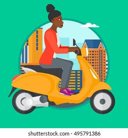 An african-american woman riding a scooter on a city background. Young woman driving a scooter in the street. Vector flat design illustration in the circle isolated on background.