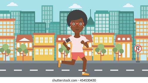 An african-american woman running with earphones and armband for smartphone. Woman listening to music during running. Woman running in the city. Vector flat design illustration. Horizontal layout.