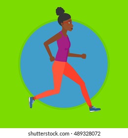 An african-american woman running. Young female runner jogging. Female athlete running. Sports woman in sportswear running. Vector flat design illustration in the circle isolated on background.