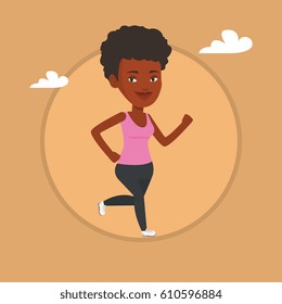 African-american woman running. Young woman jogging. Full length of a smiling woman running. Sportswoman in sportswear running. Vector flat design illustration in the circle isolated on background.